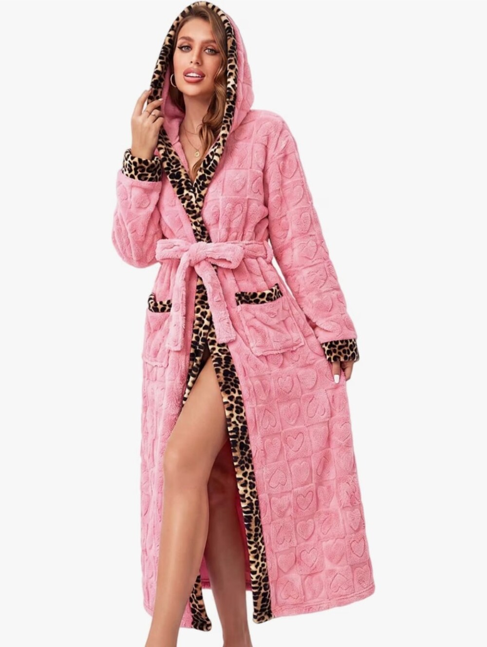 Women's Coral Fleece Long Robe Bathrobe, Jacquard Hearts